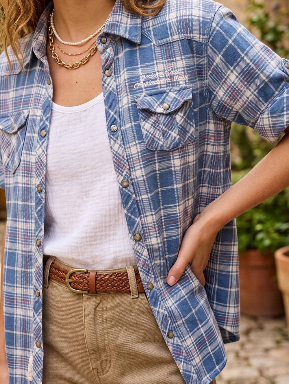 Scotch & Soda Plaid Western Shirt Short Sleeve Blue Cotton Gorpcore Indie